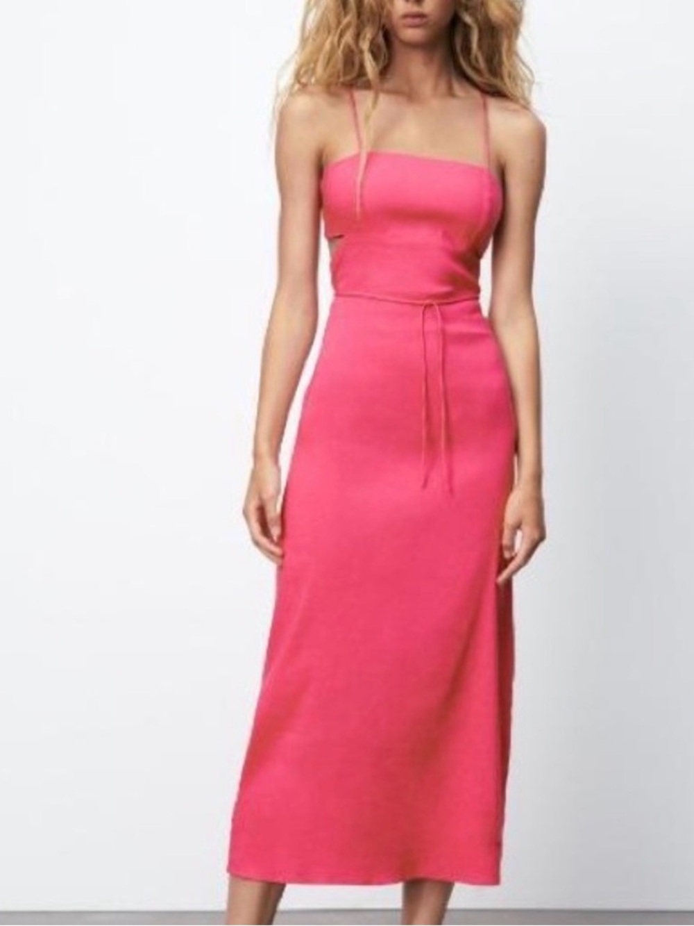Zara linen Hot Pink Strappy Midi Dress